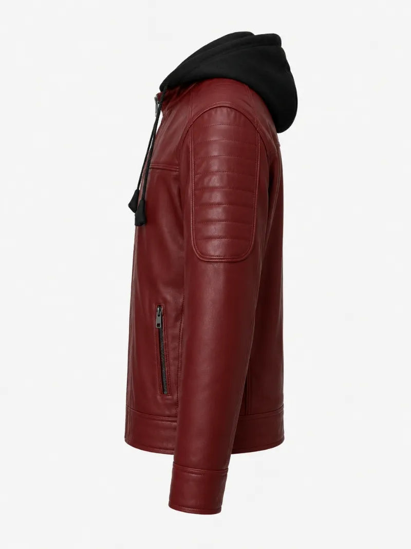 Men’s Maroon Hooded Leather Jacket Left 