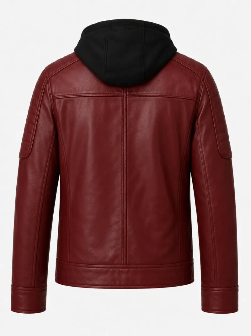 Men’s Maroon Hooded Leather Jacket Back 