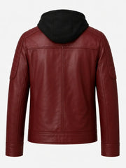 Men’s Maroon Hooded Leather Jacket Back 