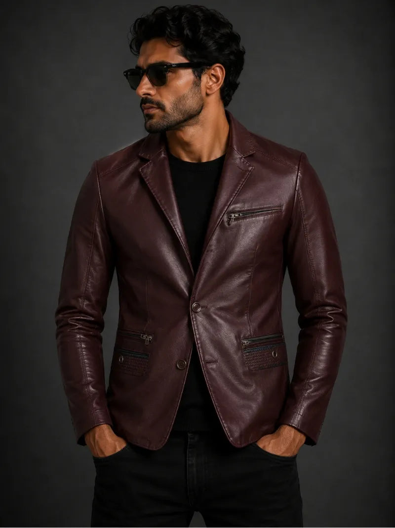Men's Maroon Leather Blazer