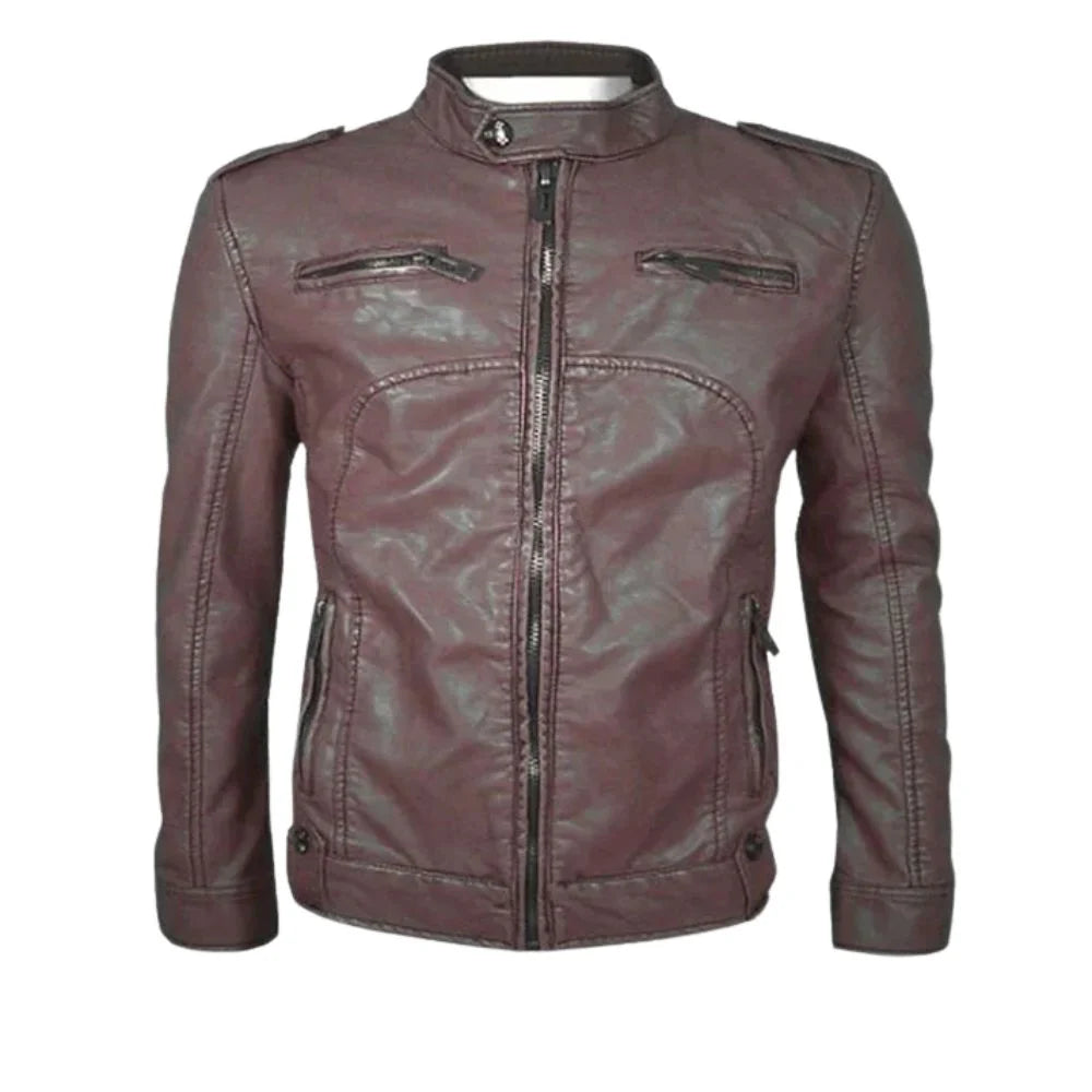 Men’s Maroon Leather Jacket with Zipper Pockets