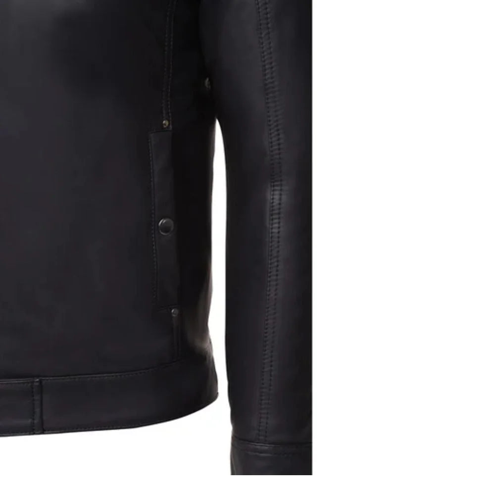 Men's Modern Snap Collar Black Leather Jacket