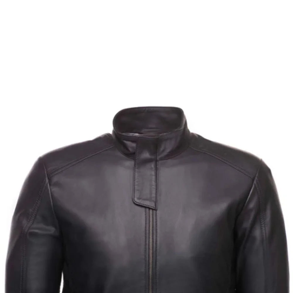 Men's Modern Snap Collar Black Leather Jacket