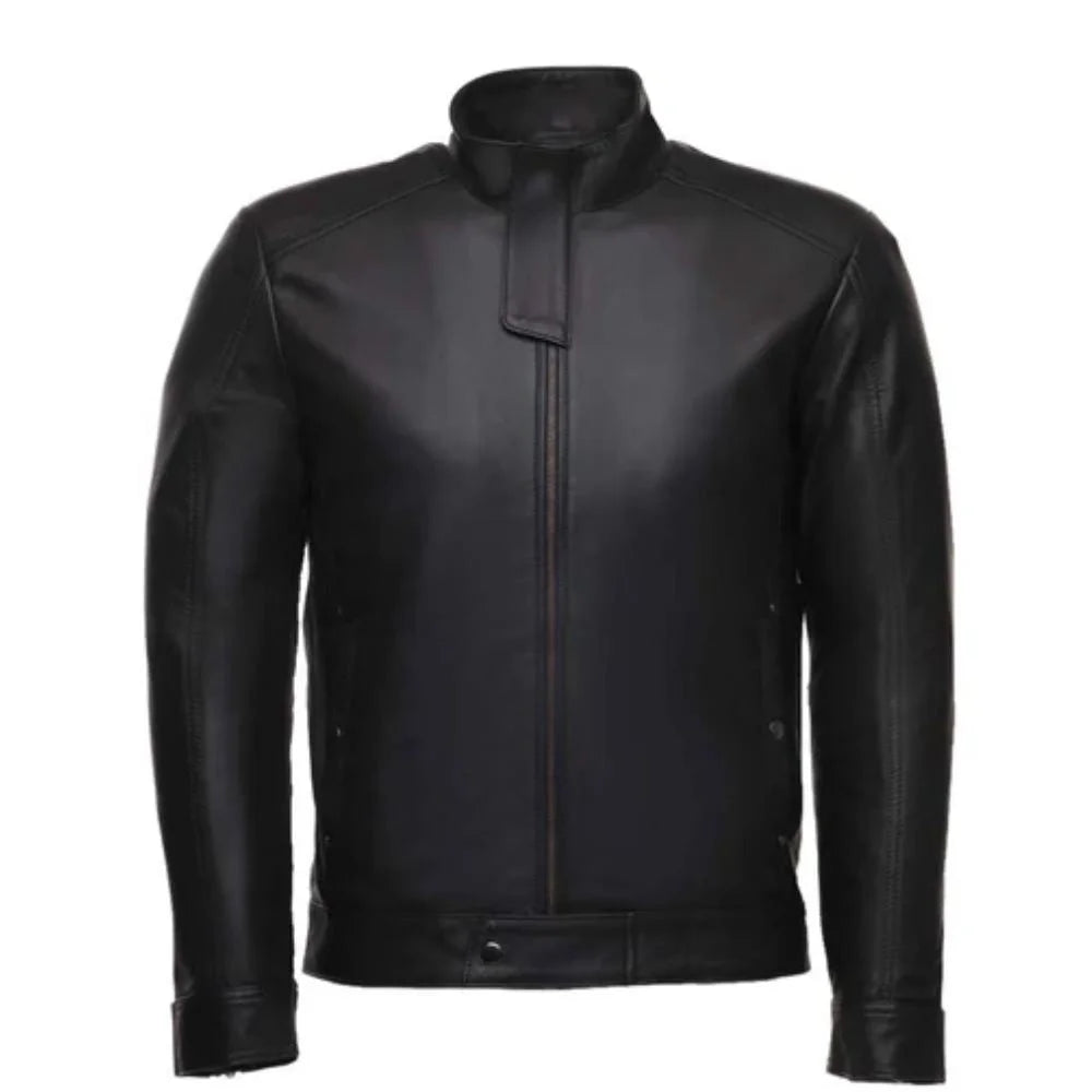 Men's Modern Snap Collar Black Leather Jacket