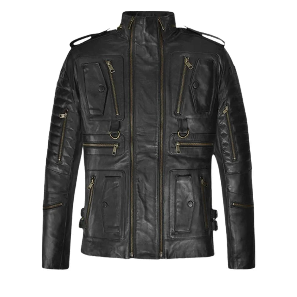Men’s Multi-Pocket Black Leather Jacket with Epaulets