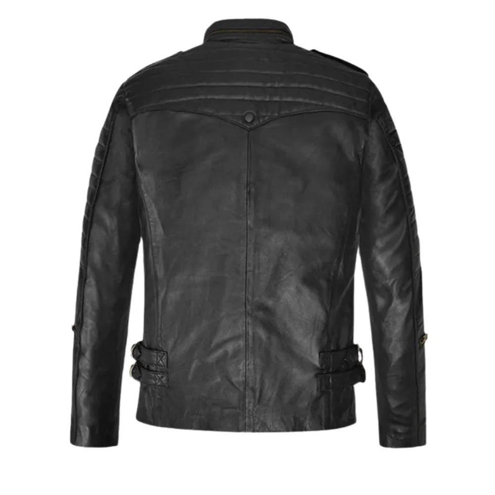 Men’s Multi-Pocket Black Leather Jacket with Epaulets