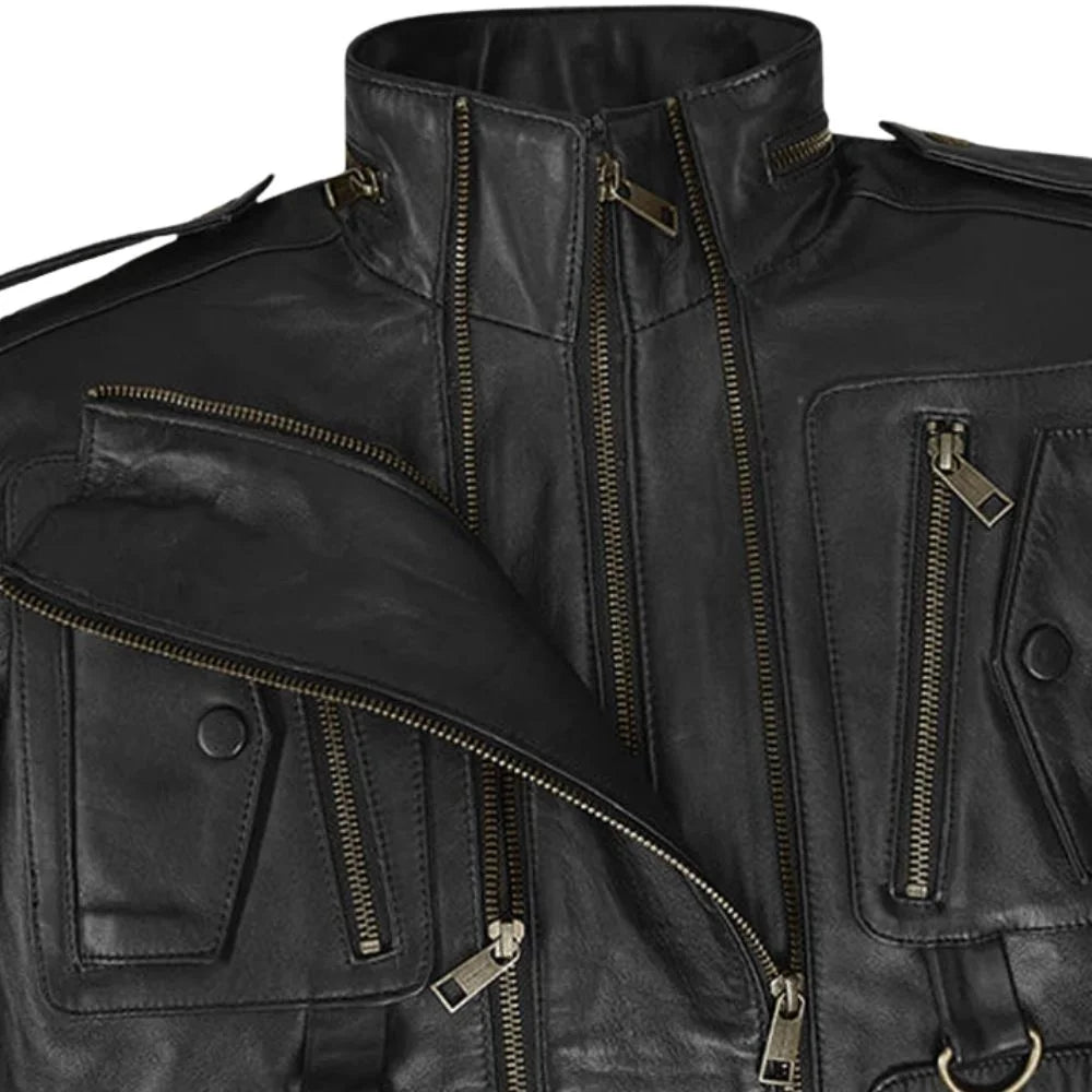 Men’s Multi-Pocket Black Leather Jacket with Epaulets
