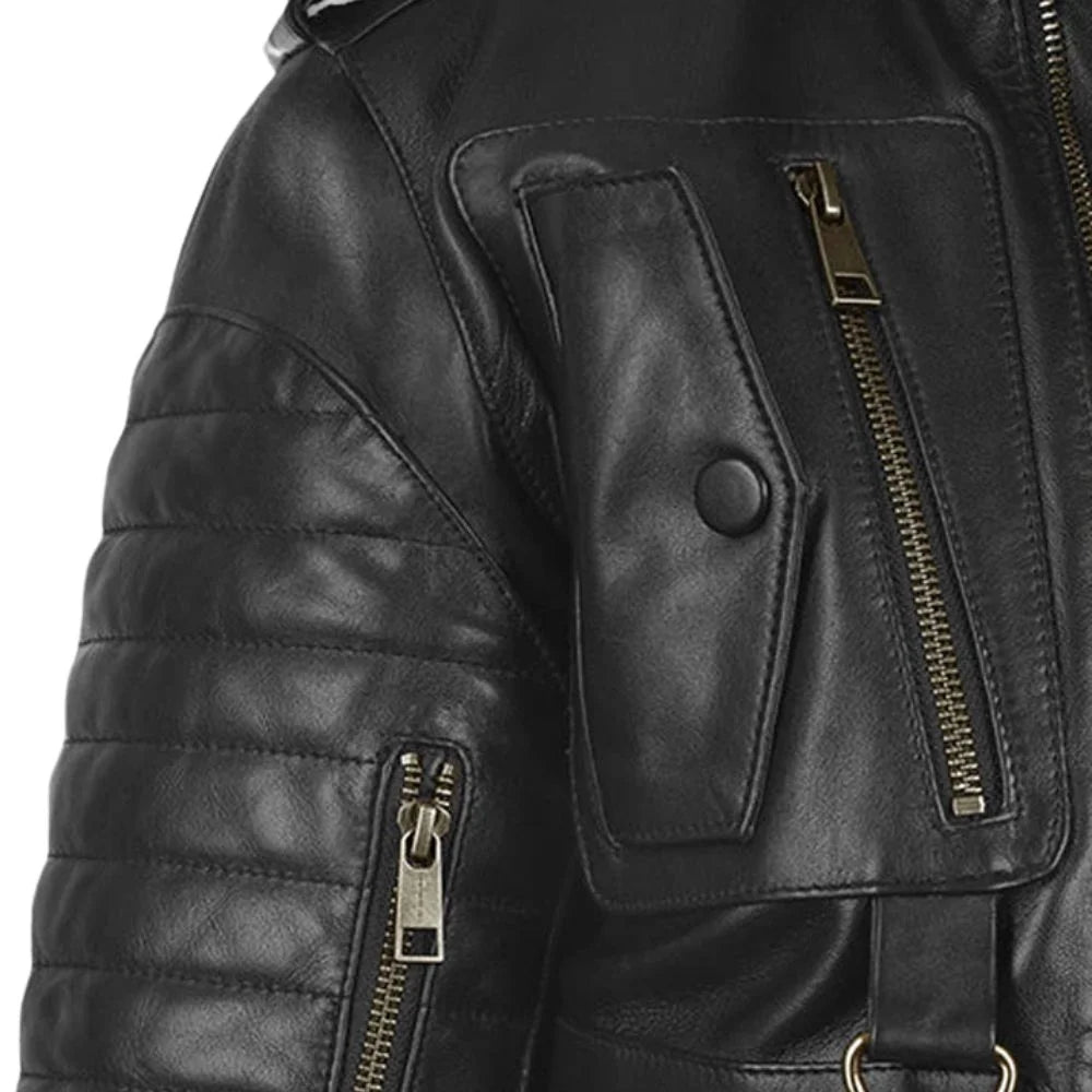 Men’s Multi-Pocket Black Leather Jacket with Epaulets