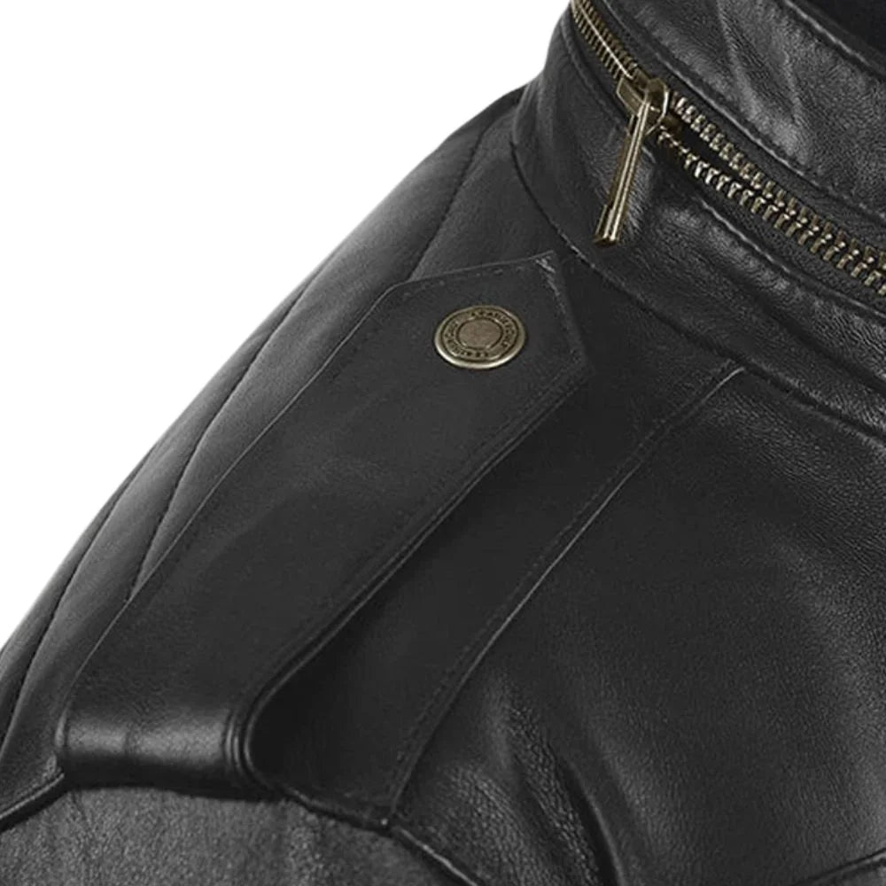 Men’s Multi-Pocket Black Leather Jacket with Epaulets
