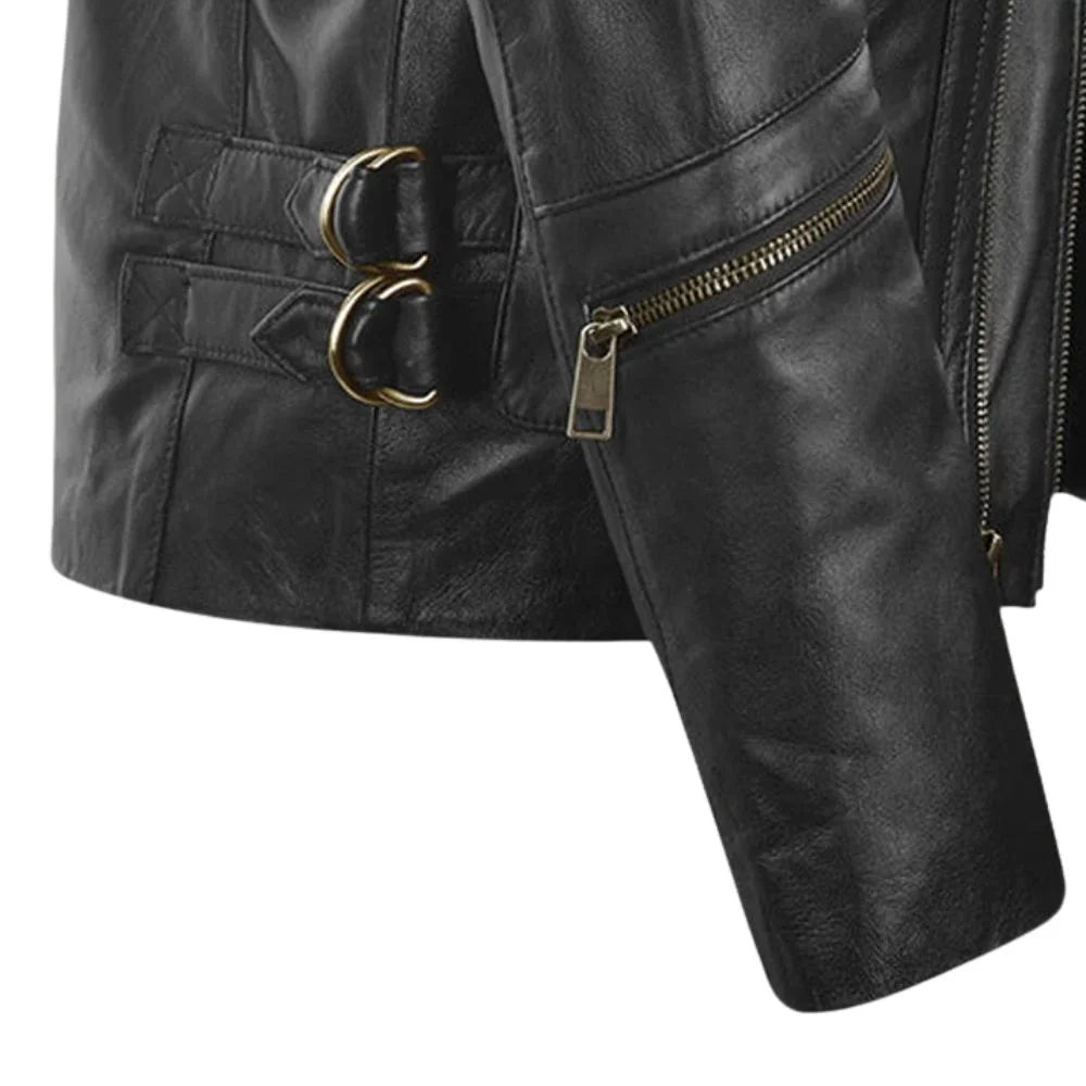 Men’s Multi-Pocket Black Leather Jacket with Epaulets