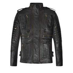 Men’s Multi-Pocket Black Leather Jacket with Epaulets