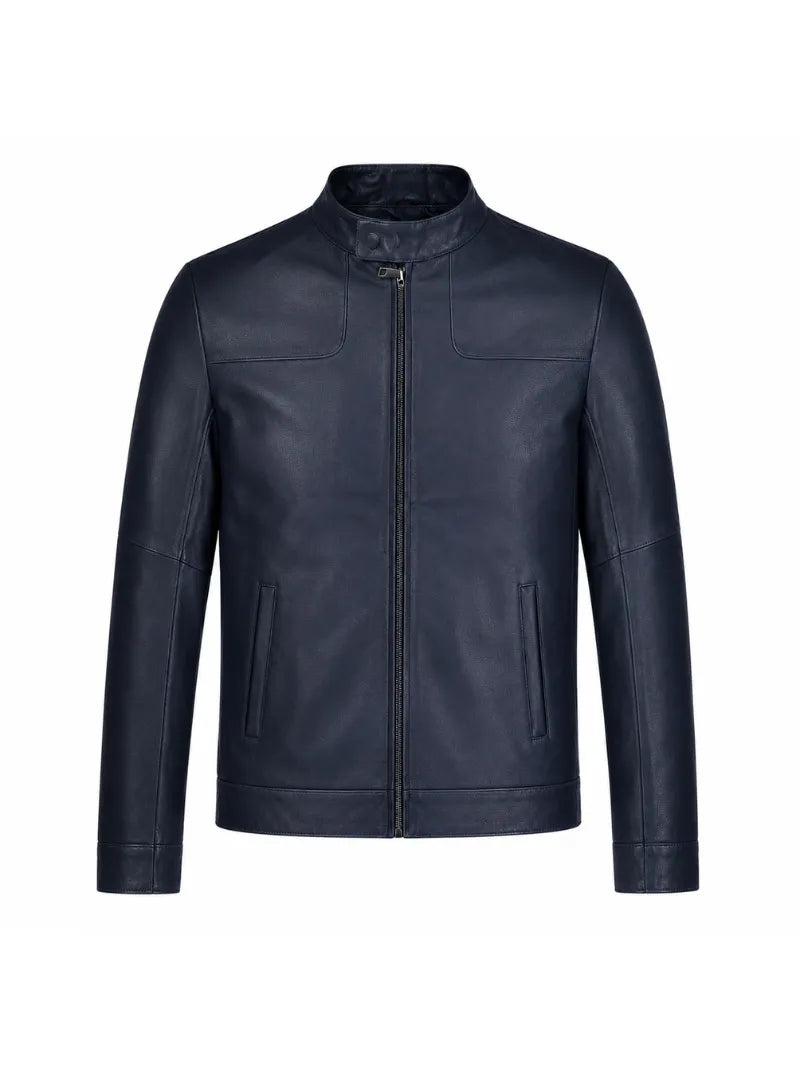 Men’s Navy Blue Classic Leather Jacket Front 
