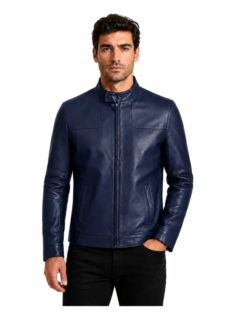 Men’s Navy Blue Classic Leather Jacket Full 
