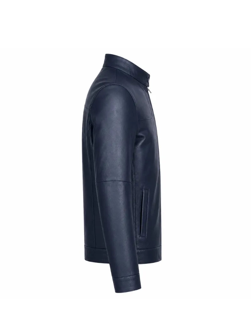 Men’s Navy Blue Classic Leather Jacket Right