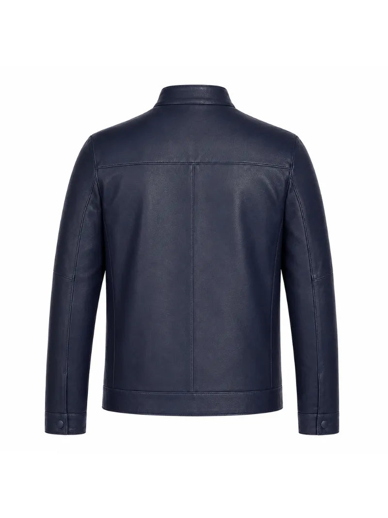 Men’s Navy Blue Classic Leather Jacket Back