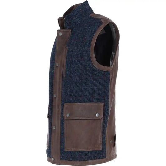 Men's Navy Wool Checkered Vest with Brown Leather Trim