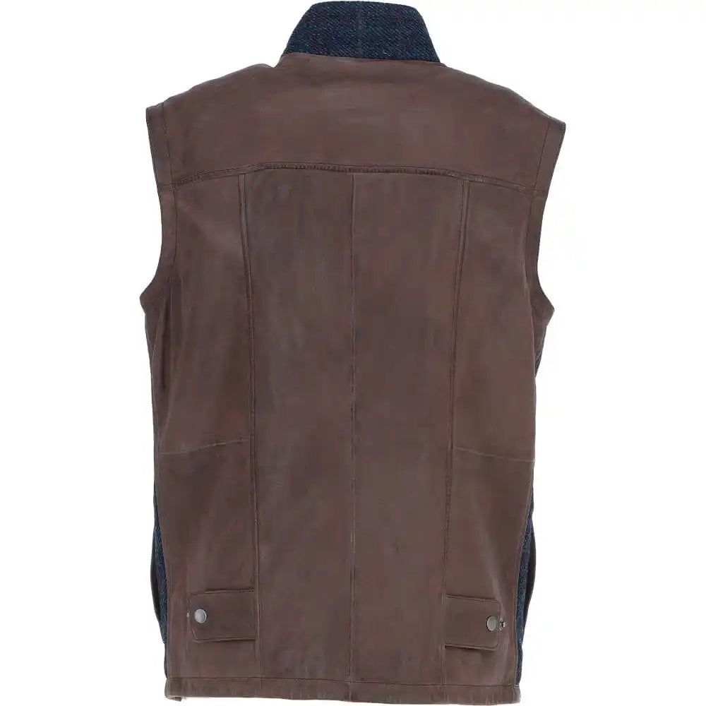 Men's Navy Wool Checkered Vest with Brown Leather Trim