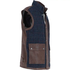 Men's Navy Wool Checkered Vest with Brown Leather Trim
