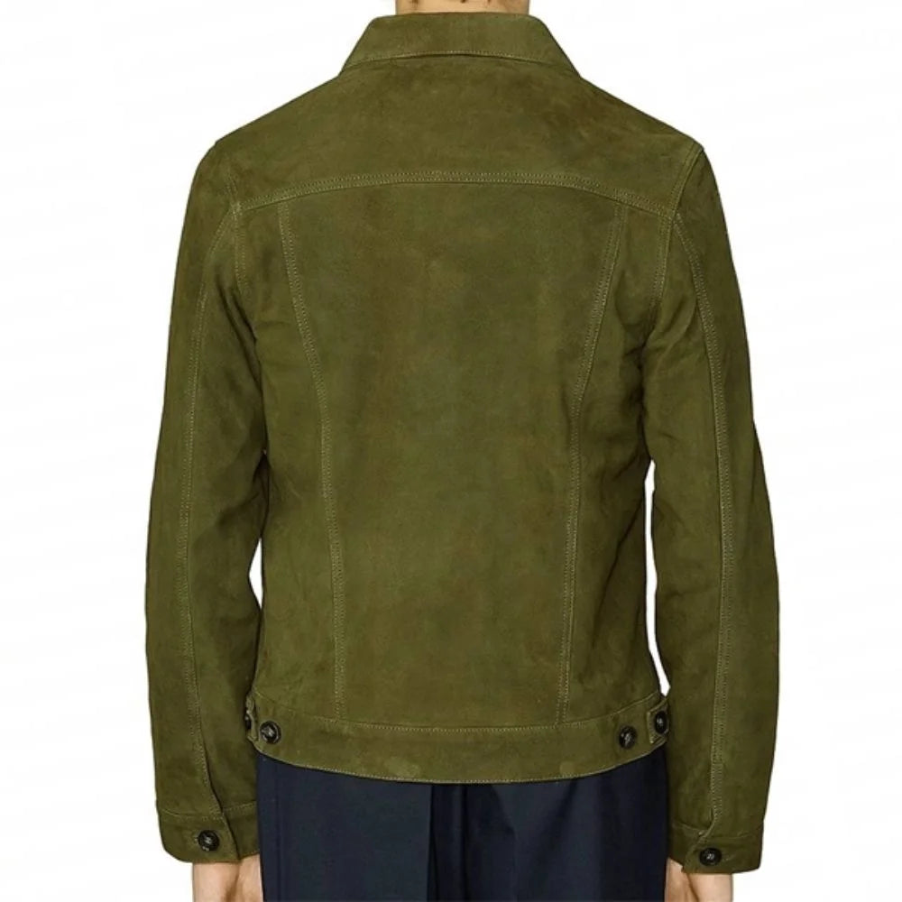 Men's Olive Green Suede Button-Up Jacket