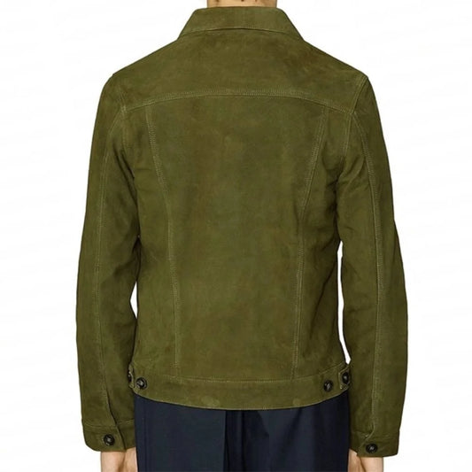 Men's Olive Green Suede Button-Up Jacket