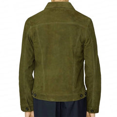  Men's Olive Green Suede Button-Up Jacket