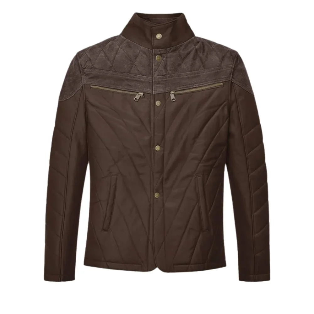 Men’s Quilted Dark Brown Leather Jacket with Suede Paneling
