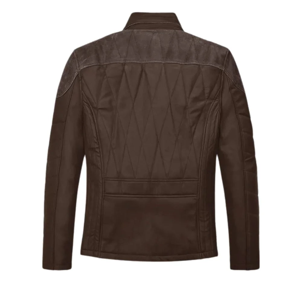 Men’s Quilted Dark Brown Leather Jacket with Suede Paneling