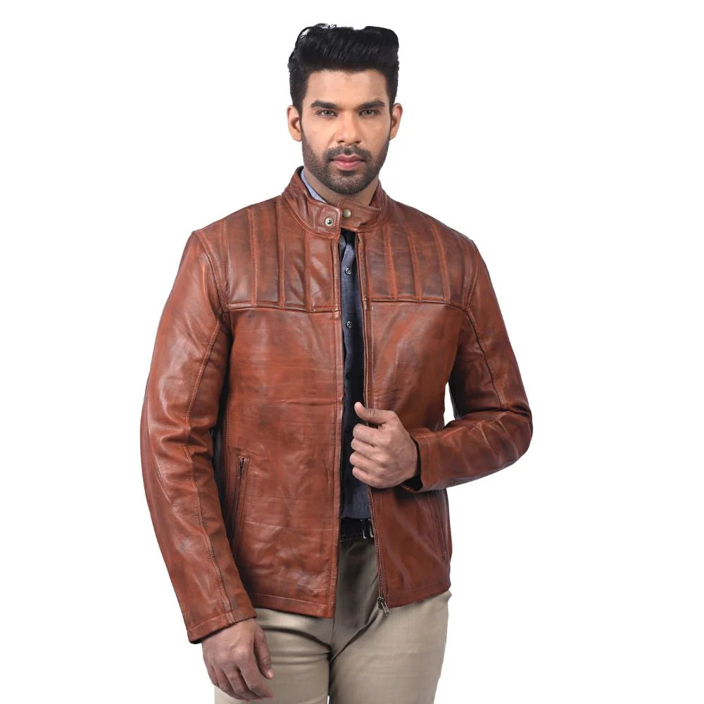 Men's Quilted Panel Brown Leather Jacket