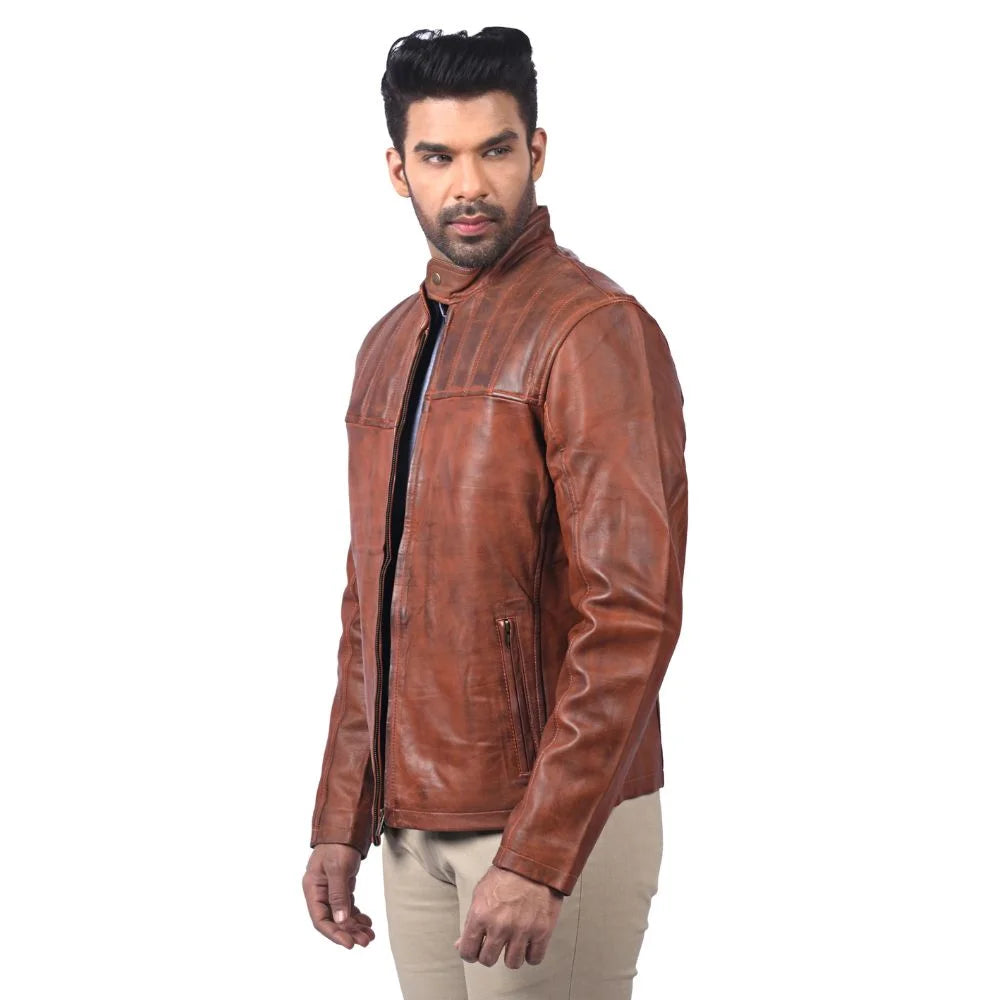 Men's Quilted Panel Brown Leather Jacket