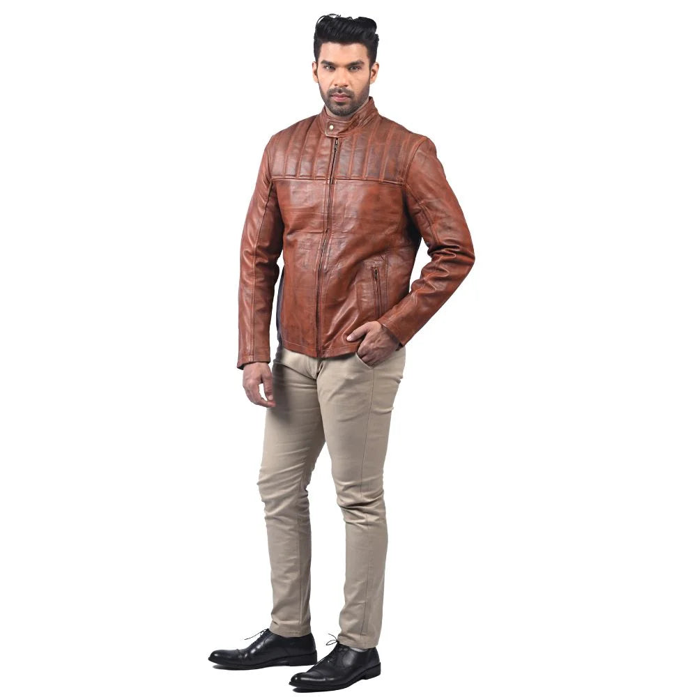 Men's Quilted Panel Brown Leather Jacket