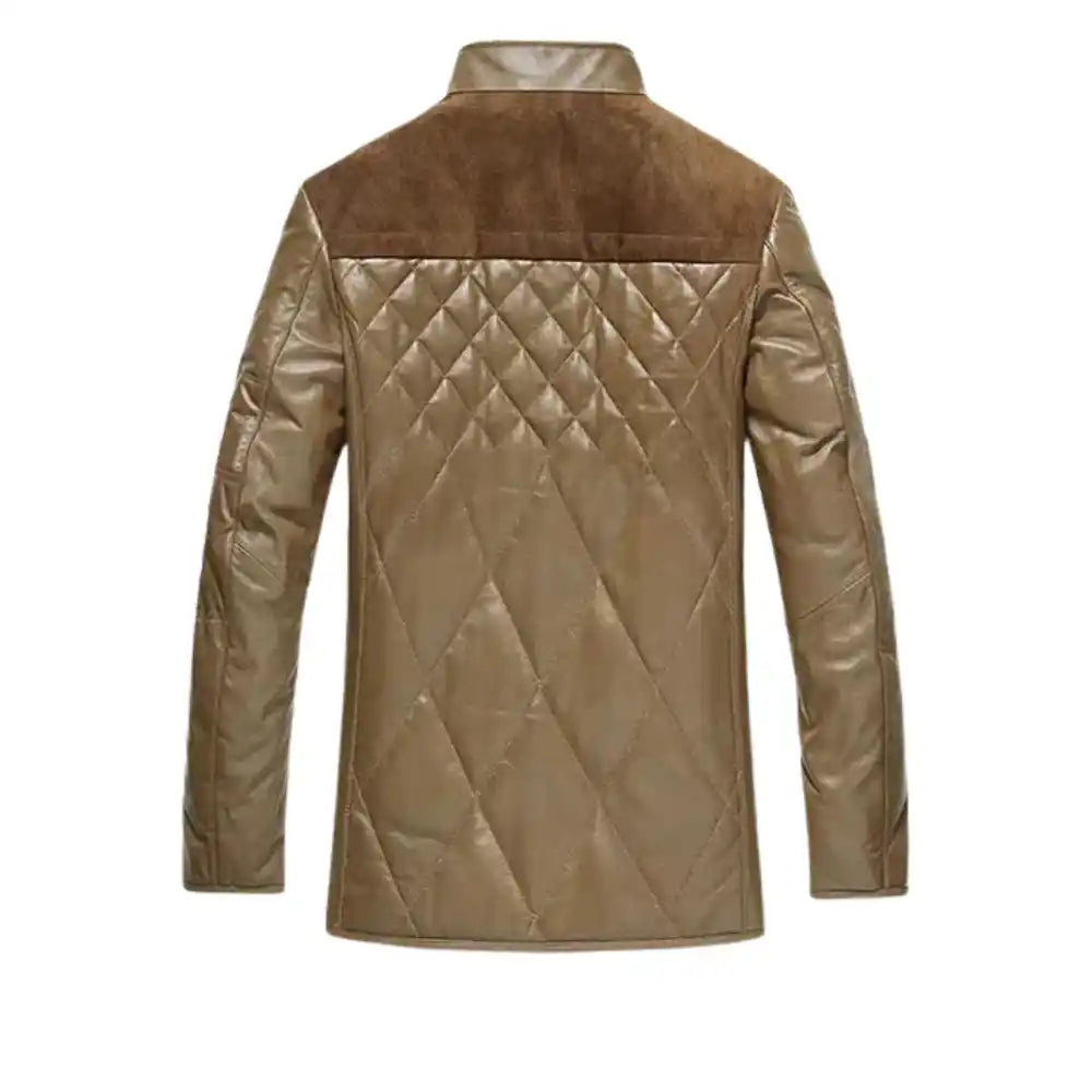 Men’s Quilted Tan Leather Jacket with Suede Shoulders