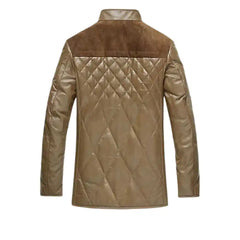Men’s Quilted Tan Leather Jacket with Suede Shoulders