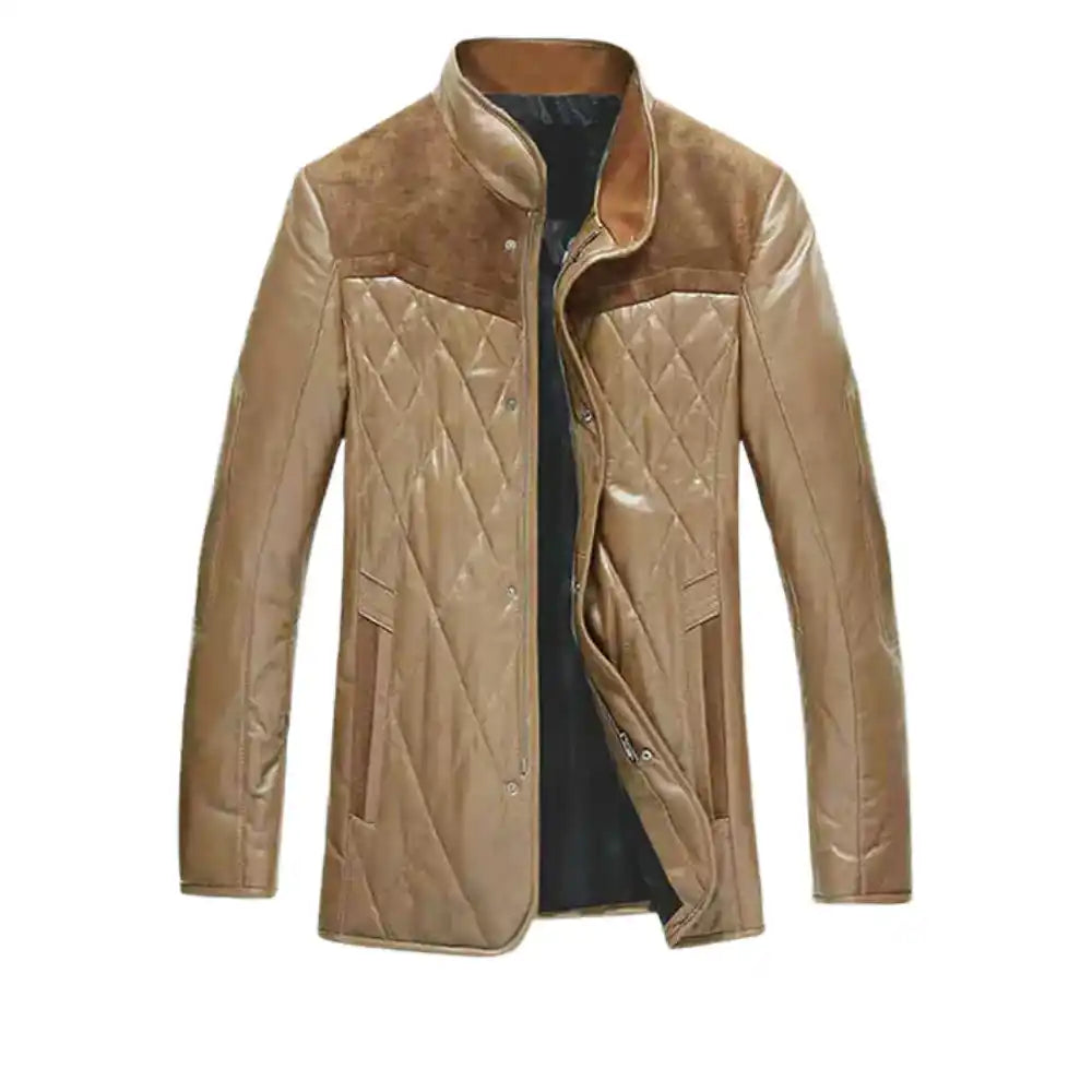 Men’s Quilted Tan Leather Jacket with Suede Shoulders