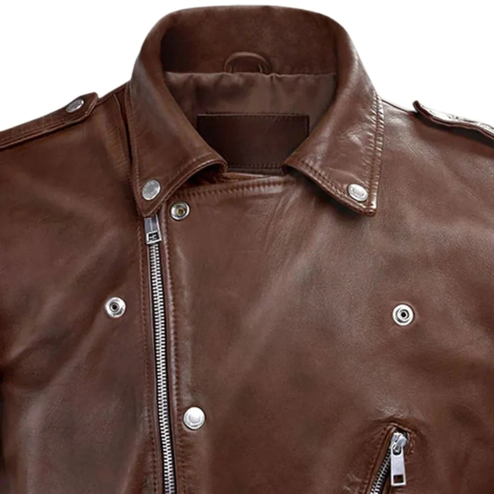 Men’s Leather Jacket in Brown with Zippers