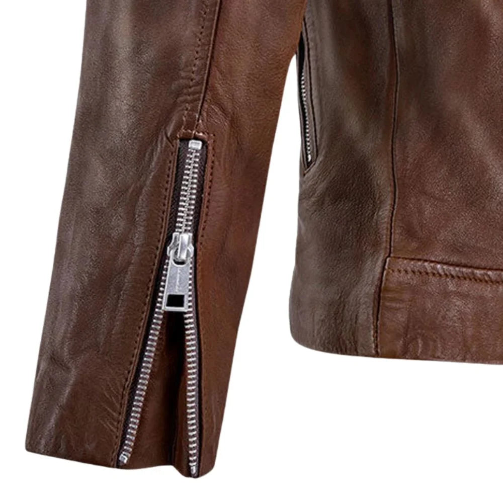 Men’s Leather Jacket in Brown with Zippers