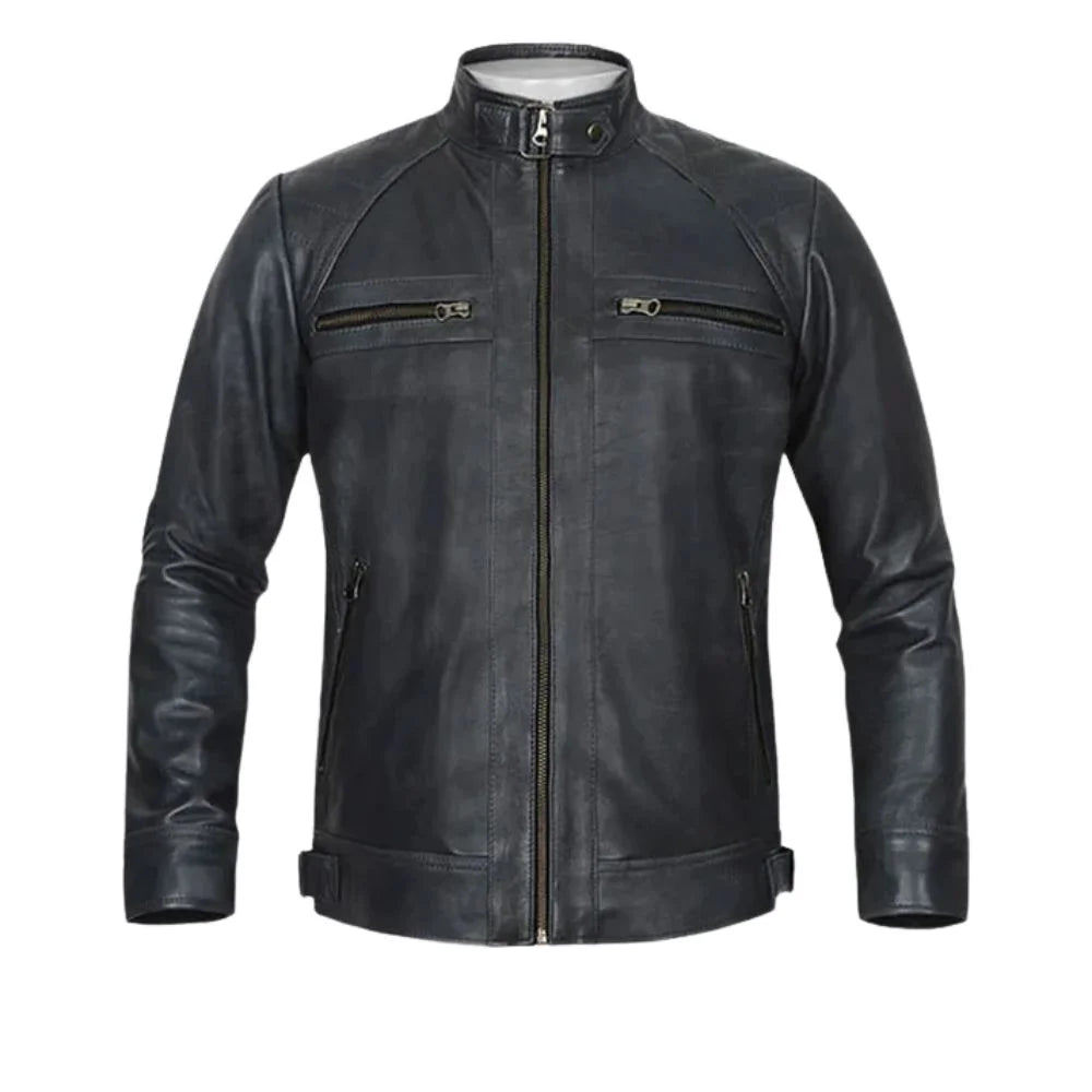 Men’s Real Leather Snap-tab Collar Jacket