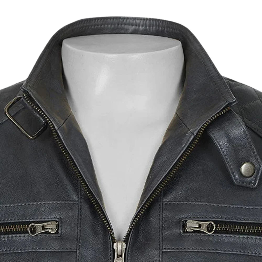 Men’s Real Leather Snap-tab Collar Jacket