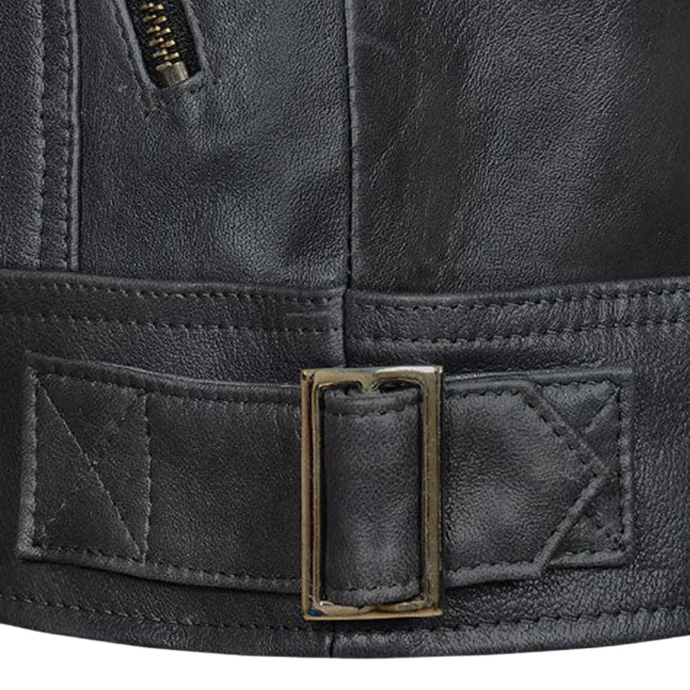 Men’s Real Leather Snap-tab Collar Jacket