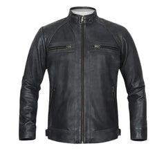 Men’s Real Leather Snap-tab Collar Jacket