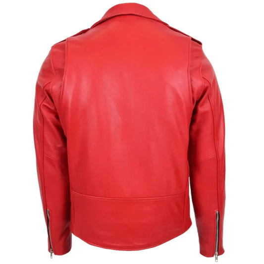 Men’s Red Belted Brando Leather Biker Jacket 