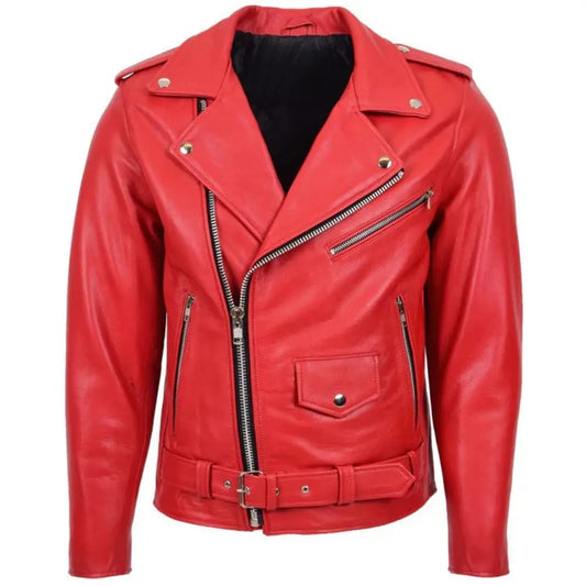 Men’s Red Belted Brando Leather Biker Jacket 
