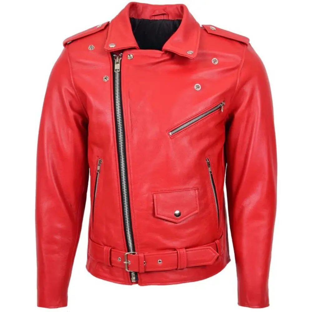 Men’s Red Belted Brando Leather Biker Jacket 