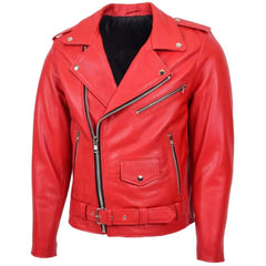 Men’s Red Belted Brando Leather Biker Jacket 