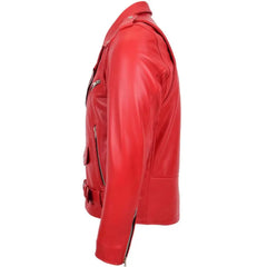 Men’s Red Belted Brando Leather Biker Jacket 