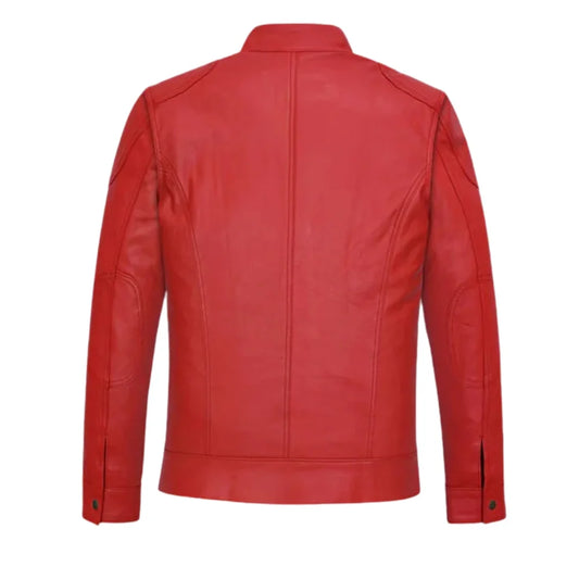 Men’s Red Leather Jacket with Belted Collar