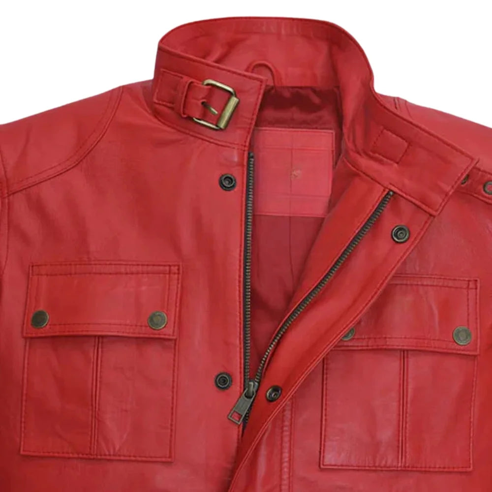 Men’s Red Leather Jacket with Belted Collar