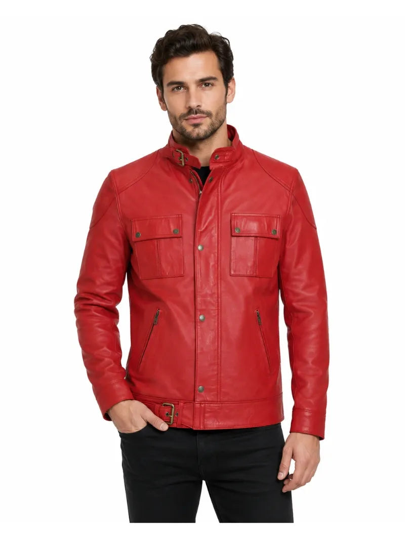 Men’s Red Leather Jacket with Belted Collar Full 