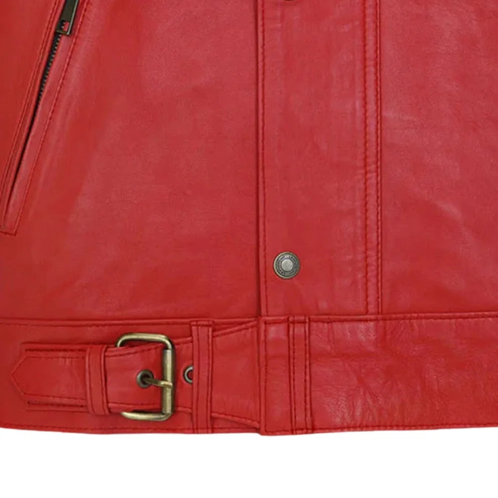 Men’s Red Leather Jacket with Belted Collar