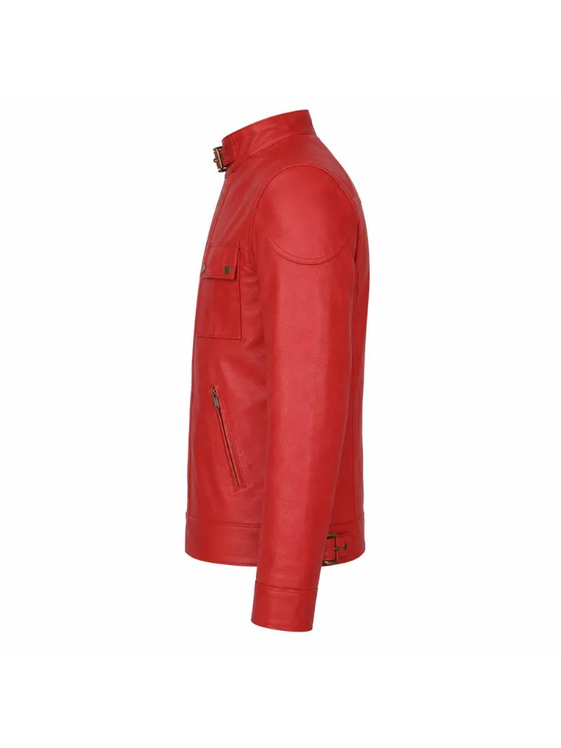 Men’s Red Leather Jacket with Belted Collar Left 