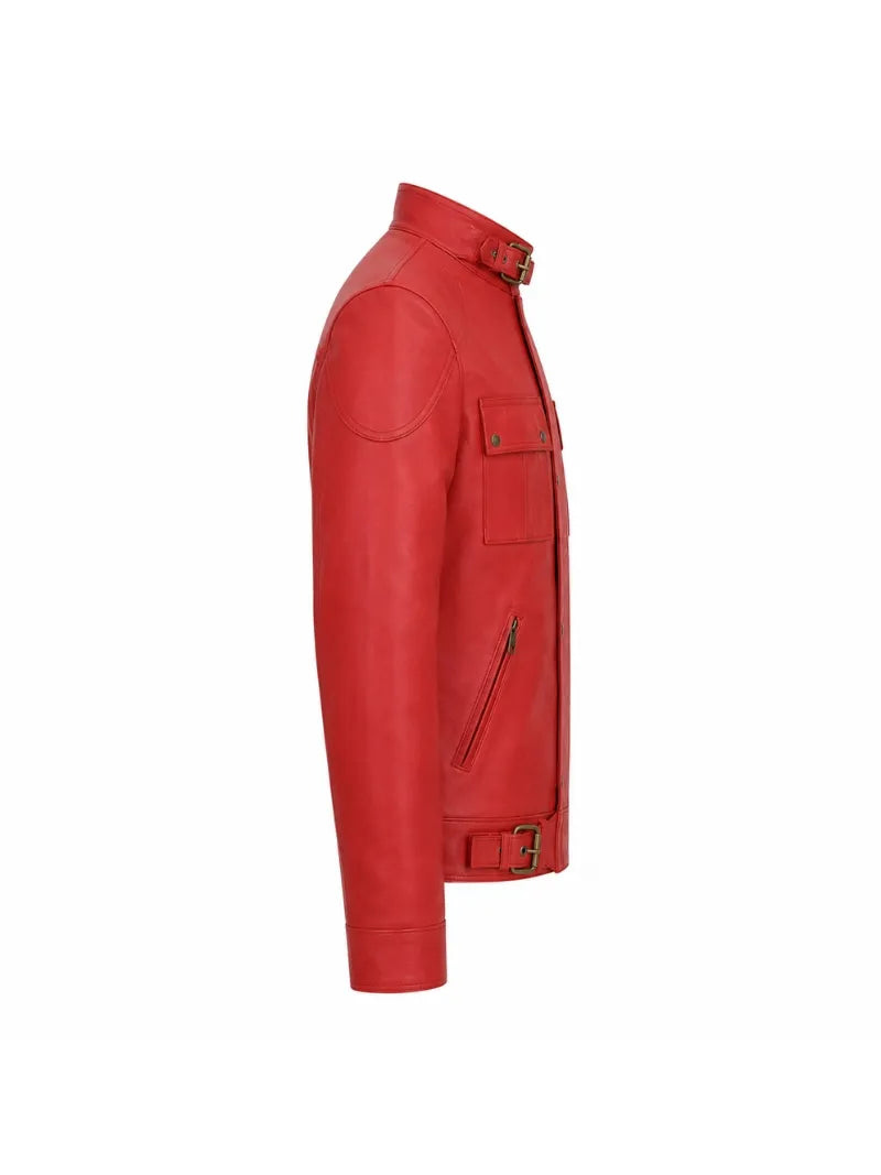 Men’s Red Leather Jacket with Belted Collar Right 